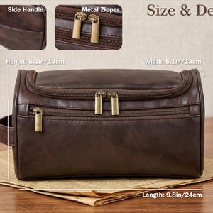 May include: A dark brown leather toiletry bag with a side handle and metal zips. The bag features a main compartment and a front pocket. Dimensions are 13 cm in height, 13 cm in width, and 24 cm in length as clearly labelled in the image provided.