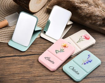 Bridesmaid Birth Flower Mirror, Personalized Pocket Mirror, Bridesmaid Makeup Mirror, Wedding Gift, Bachelorette Party, Leather Mirror Gifts