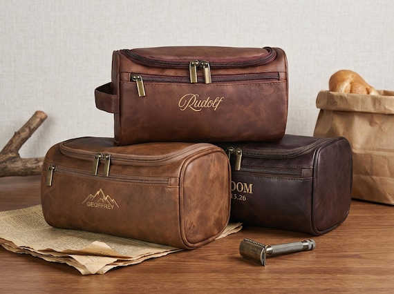 Personalized Leather Toiletry Bag, Groomsmen Gift, Embroidered Dopp Kit, Anniversary Gift, Travel Toiletry Bag, Leather Accessory