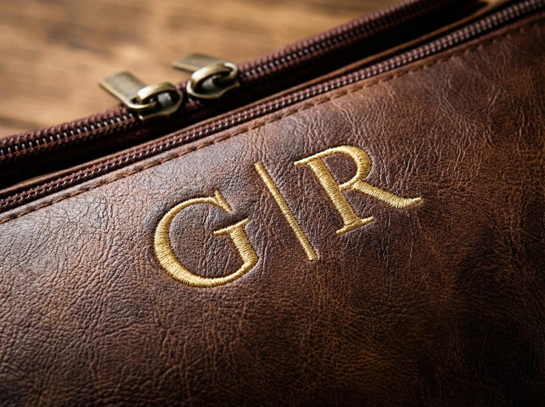 May include: A dark brown textured pouch featuring a gold embroidered monogram with the letters G|R. The pouch includes a dark brown zip closure with two metallic zip pulls at the top edge, showcasing a detailed grain pattern on the surface.