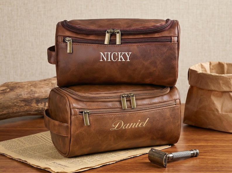 Personalized Leather Toiletry Bag, Groomsmen Gift, Embroidered Dopp Kit, Anniversary Gift, Travel Toiletry Bag, Leather Accessory image 10