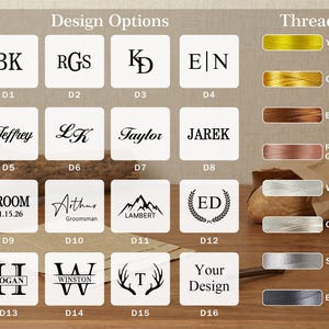 May include: A design options chart featuring sixteen distinct black text and graphic monograms labelled D1 through D16, alongside a vertical colour palette of eight thread options including yellow, gold, brown, rose gold, white, cream, silver, and black.