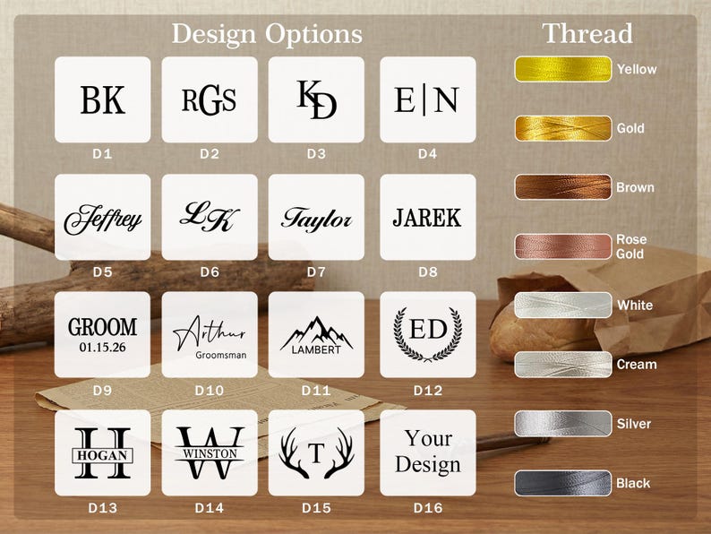 May include: A design options chart featuring sixteen distinct black text and graphic monograms labelled D1 through D16, alongside a vertical colour palette of eight thread options including yellow, gold, brown, rose gold, white, cream, silver, and black.