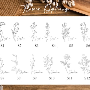 May include: A white card displays twelve delicate black line drawings of various flowers, each labeled with "Sophia" in cursive. The card is titled "Flower Options" in cursive. Each flower is numbered from S1 to S12.