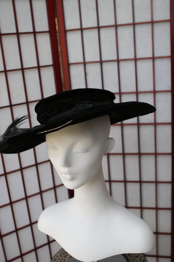 Black Velvet Wide Brimmed Hat  Feather Collapsible