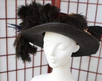 Antique Edwardian Victorian hat with Ostrich Feather and all the fixins