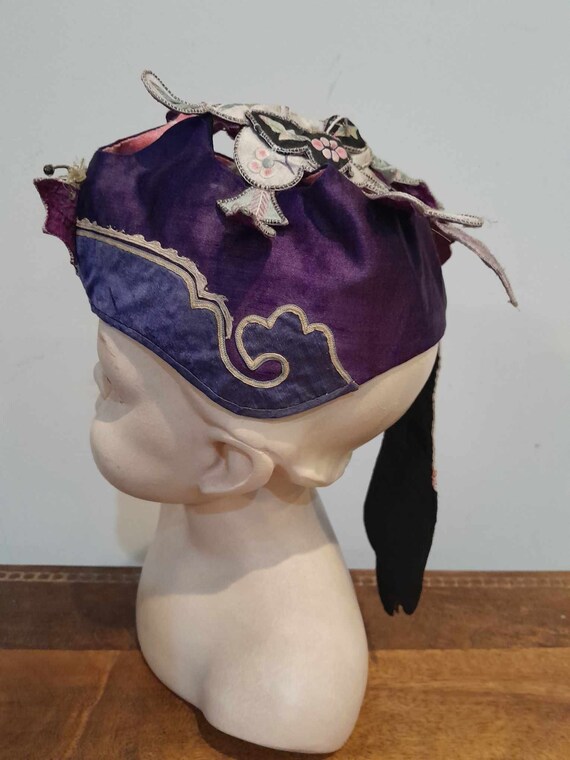 Victorian Chinese Child,s silk festival hat Butte… - image 2