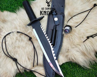 Réplica personalizada e artesanal da faca Bowie do Rambo First Blood Part 2, faca tática de sobrevivência, presente ideal para padrinhos e casamentos.