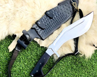 Cuchillo de caza kukri hecho a mano, hoja de acero flexible, espiga completa y funda de cuero. Ideal como regalo para ella o para padrinos de boda.