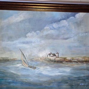 Vintage Art, Seascape Painting, Coastal Landscape, Sailboat Art, Framed Ocean Art, Nautical Art, Home Decor, Signed by Artist, Oil Painting