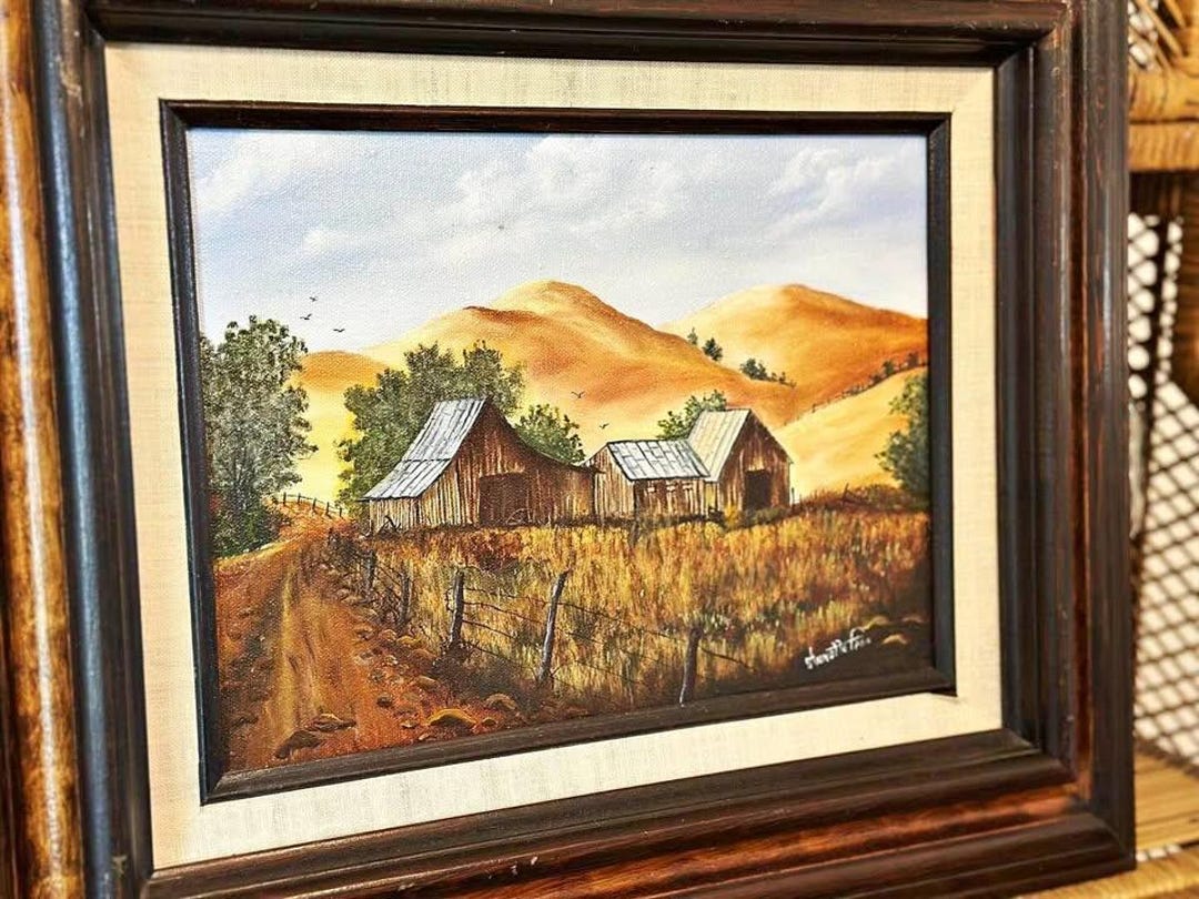 Vintage Barn Oil Painting, Rustic Farmhouse Landscape Oil Painting ...