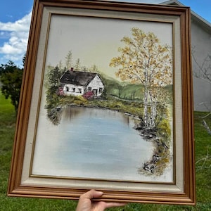 Vintage Rustic Cabin Oil Painting, Lake Scene, Framed 24x20, Cottagecore Decor, Used – Good Condition