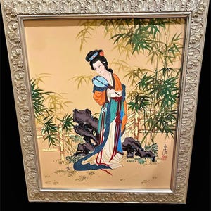 Vintage Art, Asian Lady Portrait, Oriental Art, Framed Painting, Traditional Art, Home Decor, Signed Art, Oil Painting, Geisha Style