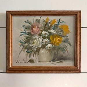 Small Vintage Oil On Canvas Still Life Floral Painting Flowers In Vase Signed and Framed Cottagecore