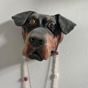 Vintage Wall Sculpture, Handmade Rottweiler Dog Head Wall Sculpture, Rustic 3D Dog Face Art, Jewelry Holder, Dog Hook for Key, Antique Art