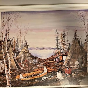 Dipinto incorniciato "Tempo di raccolta" di A.J. Bray, scena di canoa di un villaggio indigeno d'epoca, stampa "Tempo di raccolta", arte di un accampamento nativo americano, arredamento per la casa