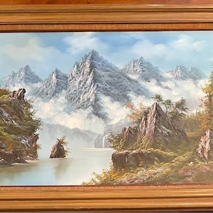 Vintage Mountain Landscape Oil Painting, Signed & Framed, 43.5x33, Cabin Lodge Wall Art, Nature Scene – Great Condition