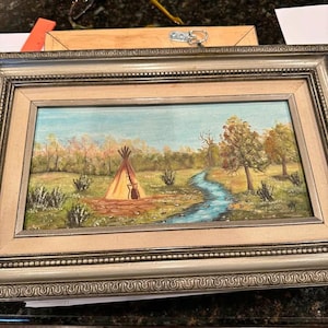 Vintage Art, Teepee Landscape Painting, Native Art, Rustic Art, Wall Decor, Handpainted Western Art, Nature Art, Framed Art, Oil Painting