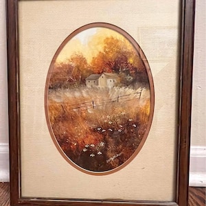 Vintage Country Barn Landscape Oil Painting, Rustic Autumn Scene, Framed Canvas Art, Cottagecore Wall Decor, 15.5”x12.5”, Signed by Artist
