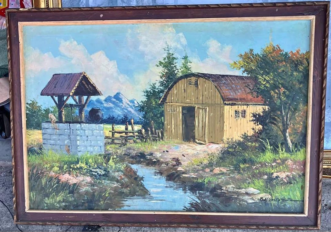 Vintage Barn Oil Painting, Rustic Wall Art, Landscape Oil Painting ...