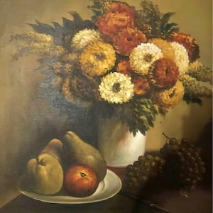 Vintage kunst, stillevenkunst, bloemenschilderij, klassieke kunst, ingelijste muurkunst, traditionele kunst, rustiek decor, olieverfschilderij, kunst met fruit
