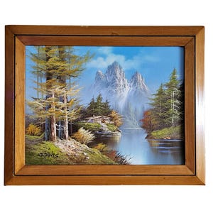 Vintage Art, Mountain Cabin Landscape, Oil Painting, Signed By J. Puyis, Rustic Art, Wooden Frame, Wall Art, Nature Lodge Decor, Home Decor