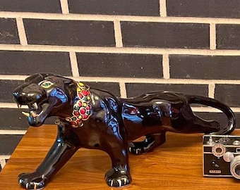 ブラックパンサーの置物、陶器、MCM、日本製、ヴィンテージ、1950年代