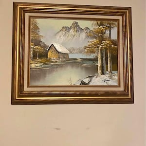 Lake Cabin Mountain Scene, Vintage Art, Oil Painting on Canvas, Signed Art, Rustic Landscape, Wall Decor, Gold Frame, Nature Winter Art