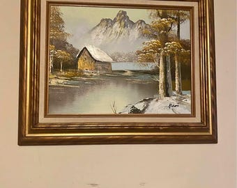 ジュエル作、ヴィンテージマウンテンレイク油絵、華やかな