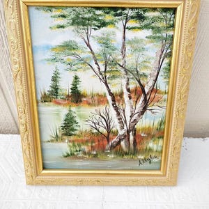 Vintage Birch Tree Oil Painting, Signed Landscape on Canvas, Ornate Gold Frame 9.5x12, Nature Wall Art, Used – Good Condition