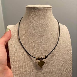 Vintage Necklace, Heart Charm Necklace with Black Cord, Minimalist Brass Pendant, Handmade Vintage Style Jewelry, Brass Pendant