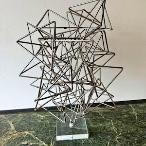 Vintage Metal Sculpture, Plexi Glass Base, Geometric Starburst Sculpture, Abstract Stainless Steel Wire Art, Acrylic Base, Rustic Home Decor