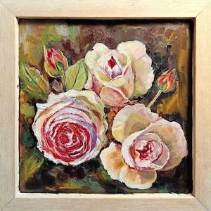 Pintura al óleo floral, pintura al óleo de rosas pintada a mano, obra floral con marco de madera natural, decoración rústica para el hogar, arte mural antiguo, cartón
