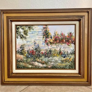 Vintage Floral Garden Oil Painting, Cottage Wall Scene, Framed Artwork, Hand-Painted and Signed, Country Cottage Aesthetic – 24” x 20”