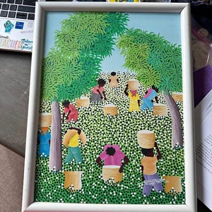 Vintage Art, Haitian Folk Art, Signed by Edner Jean, Framed Art, Haiti Wall Decor, Home Decor, Cotton Harvest Painting, Oil Painting