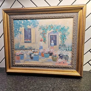Vintage Art, Garden Courtyard Painting, Signed By D Dodin, Impressionist Art, Floral Wall Art, Cottagecore Style, Home Decor, Oil Painting
