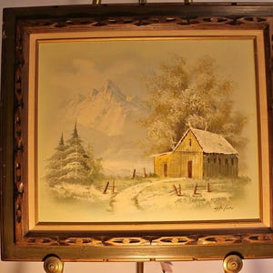 Vintage Art, Mountain Cabin Painting, Signed by Hatton, Winter Landscape, Rustic Snow Scene, Framed Art, Oil on Canvas, Wall Art, Home Decor