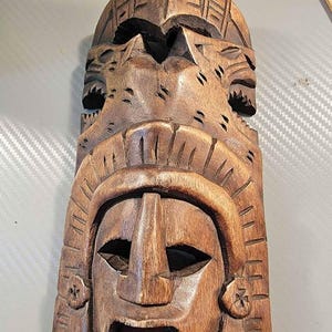 Vintage Aztec Wooden Sculpture, Hand Carved Tribal Warrior Wooden Mask Wall Art, Aztec Mayan Jaguar Wooden Sculpture, Rustic Home Decor