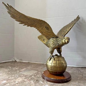 Vintage Eagle Sculpture, Brass Bald Eagle Statue, Golden Eagle Sculpture, Rustic Home Decor, Metal Eagle Statue, Wingspan On Globe Stand MCM