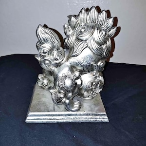 Silver Foo Dog Guardian Lion Sculpture, Feng Shui Protection Statue, Chinese Imperial Protector Figurine, Foo Dog Statue, Guardian Lion