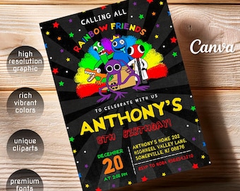 Rainbow friends birthday party invitation template, rainbow gang birthday invitate, rainbow friends invite, printable editable evite