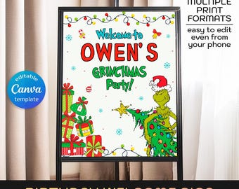 Könnte beinhalten: Ein gerahmtes Geburtstags-Willkommensschild mit dem Text "Welcome to OWEN'S GRINCHMAS Party!" mit einem Grinch-Charakter und Weihnachtsgeschenken. Das Schild ist mit Lichterketten und Schneeflocken verziert. Der untere Teil des Schildes lautet "BIRTHDAY WELCOME SIGN".