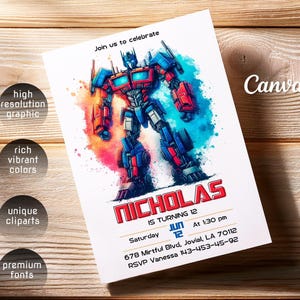 May include: A rectangular birthday invitation card featuring a watercolor-style illustration of a blue and red robot. The text reads: Join us to celebrate, NICHOLAS IS TURNING 12, Saturday JUN 12 At 1:30 pm, 678 Mirtful Blvd, Jovial, LA 70112, RSVP Vanessa 143-453-45-92.