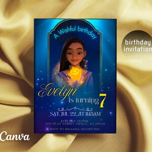 May include: A rectangular birthday invitation card with a deep blue starry background. It features a cartoon character holding a glowing yellow star. Text reads: A Wishful birthday, Evelyn is turning 7, Sat, Jul 22, at 11:15 AM, Evelyn's House, 234 Play Street, Frolic, AZ 85001, RSVP to Rihanna 123 456 789.