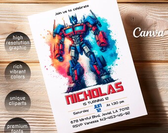 May include: A white invitation card featuring a colorful illustration of a robot. The card reads "Join us to celebrate" and includes the name "Nicholas", the date "June 12", and event details. The design includes the text "high resolution graphic", "rich vibrant colors", "unique cliparts", and "premium fonts".