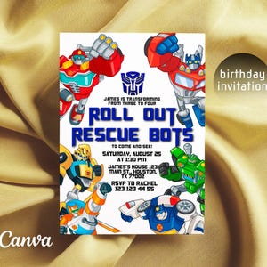 Pode incluir: Convite de aniversário com os personagens dos Transformers Rescue Bots. O convite é branco com detalhes azuis, vermelhos, amarelos e verdes. Diz "Roll Out Rescue Bots" em letras azuis. O texto inclui a data, a hora e o local da festa. Também inclui as informações de RSVP.