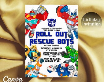 Printable Rescue Bots Birthday Invitation, Optimus Prime invite, Autobots party invitation, Bumblebee invitation, transformers party