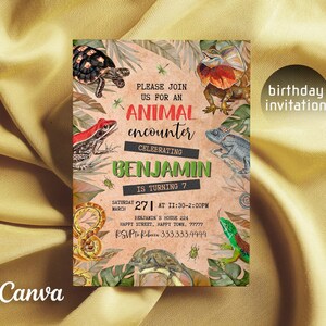 May include: A rectangular birthday invitation card featuring a tan background with illustrations of a turtle, frilled lizard, frog, snake, chameleon, and insects. Text reads: Please join us for an animal encounter celebrating Benjamin is turning 7.