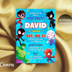 Spidey Pool Party Invitation, Editable Superhero Birthday Invite, Swim Theme Digital Download, Spiderman Water Bash Printable Template