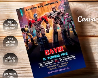 May include: A colorful invitation featuring Autobots characters. The design includes the text "CALLING ALL AUTOBOTS!" and "DAVID IS TURNING FIVE". The date and time of the event are also included. The invitation has a high-resolution graphic and rich, vibrant colors.